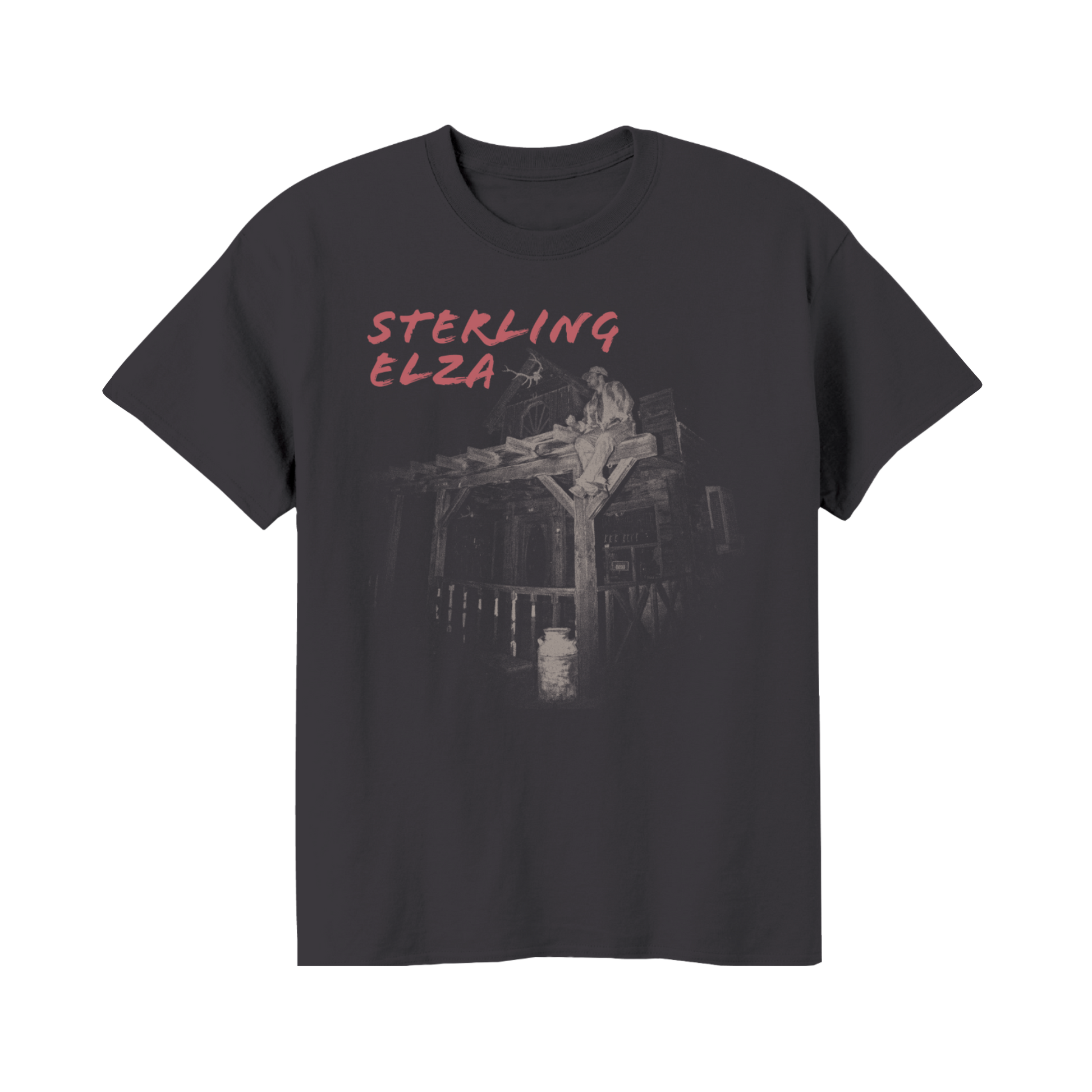 Black t-shirt with 'Sterling Elza' graphic design on a white background