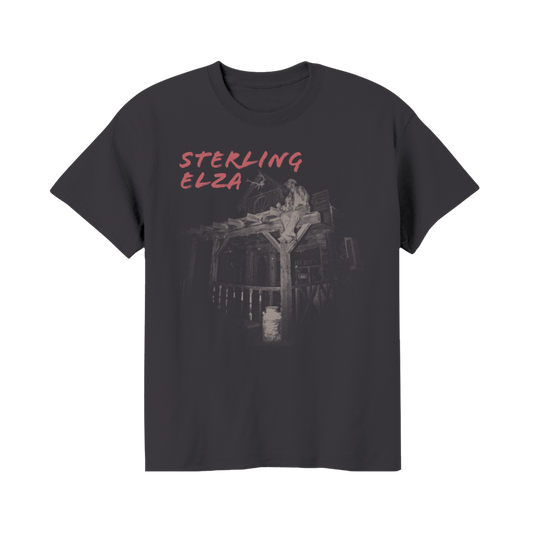 Black t-shirt with 'Sterling Elza' graphic design on a white background